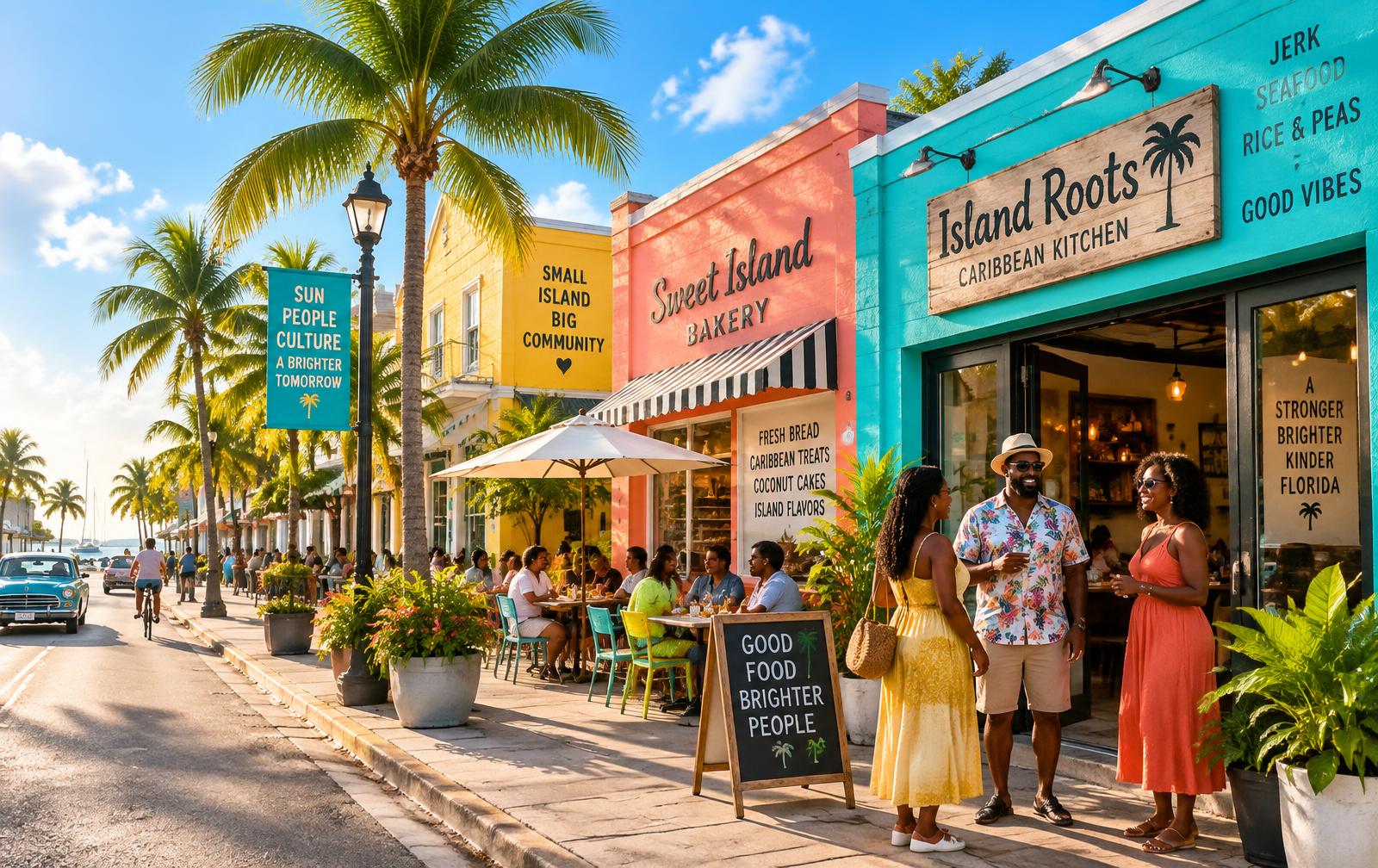 Colorful Caribbean storefronts on a sunny Florida street